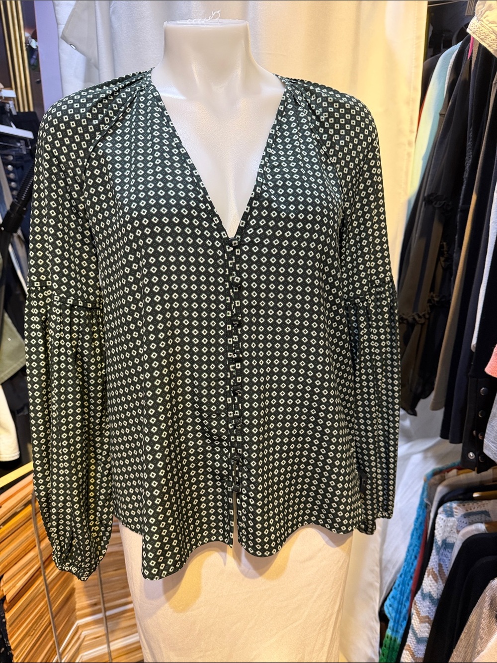 Veronica Beard Forest Green Diamond-Print Button Blouse